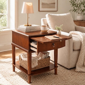May include: A dark wood side table with a pull-out drawer and a lower shelf. A lamp with a cream-colored shade sits on top, along with books and a mug. A woven basket is on the bottom shelf. The drawer is open, revealing items inside.