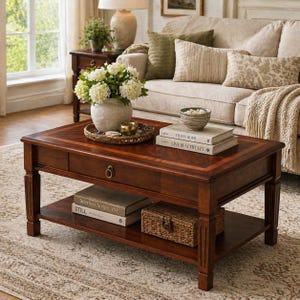 May include: A dark wood coffee table with a drawer and lower shelf. The table has a rectangular shape with decorative legs. A vase of white flowers, books, and a woven tray with gold accents sit on top. A sofa with pillows is in the background.