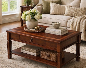 Vintage Solid Wood Coffee Table with Drawer and Shelf Cherry Living Room Table