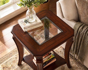 Solid Wood End Table Cherry Glass Top Nightstand Queen Anne Style 2 Tier Side Table