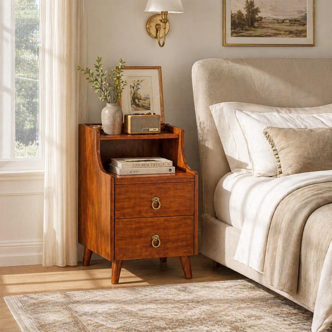 Solid Wood Side Table With Storage Shelf 2 Tier Square End Table for ...