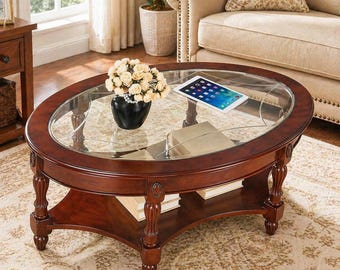 Glass Top Solid Wood Coffee Table Victorian Antique Vintage Design Center Table
