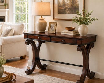 Farmhouse Oak Solid Wood Desk with Storage Drawers Work Desk with Curved Legs