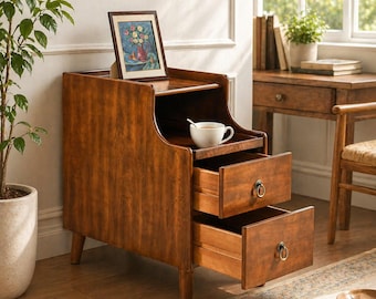 Narrow Cherry Wood Side Table, 2 Drawers, Pull-Out Tray Nightstand
