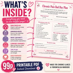 Op de afbeelding: Een printbaar PDF-document getiteld Chronic Pain Bad Day Plan met secties voor pijnniveaus, dagelijkse behoeften en comfortondersteuning. De pagina bevat roze accenten, kersenillustraties en selectievakjes voor het bijhouden van taken.