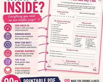 May include: A printable PDF document titled Chronic Pain Bad Day Plan with sections for pain levels, daily needs, and comfort supports. The page features pink accents, cherry illustrations, and checkboxes for tracking self-care tasks and reminders.