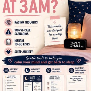 May include: A digital sleep aid bundle featuring a Sleep Reset Checklist, 3AM Anxiety Relief card, 10-Minute Sleep Reset guide, and Night-Time Overthinking Brain Dump. The graphic includes text addressing 3AM wakefulness, reflexology points, and calming techniques for mental rest.