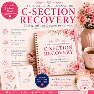Pode incluir: Um diário guiado com encadernação em espiral intitulado A Gentle Guided Journal for C-Section Recovery com uma capa de flores cor-de-rosa. O diário inclui secções para apoio emocional, autocuidado e acompanhamento da recuperação.