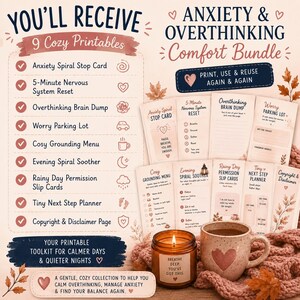 Anxiety & Overthinking Printable Bundle | Anxiety Journal, Brain Dump, Worry Parking Lot, Nervous System Reset, Evening Anxiety Workbook PDF