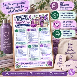 May include: A Multiple Sclerosis hospital bag checklist on a clipboard, featuring sections for medical documents, comfort, clothing, toiletries, and extra support. The design includes purple accents, a butterfly, and a brain icon with a ribbon.