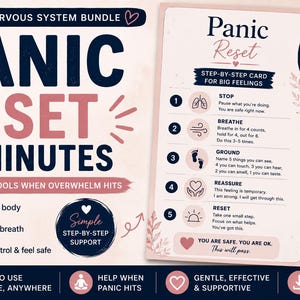 Könnte beinhalten: Eine Informationskarte zum Sleep & Nervous System Bundle mit dem Titel Panic Reset in Minutes. Die Karte enthält eine Schritt-für-Schritt-Anleitung für starke Gefühle, einschließlich Anweisungen zum Anhalten, Atmen, Erden, Beruhigen und Zurücksetzen.