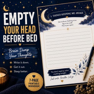 Op de afbeelding: Een printbare werkbladpagina getiteld Things Keeping Me Awake met een donkerblauw nachthemelthema met een maansikkel, sterren en wolken. De pagina bevat gelinieerde schrijfruimte, decoratieve bloemmotieven en teksten voor avondreflectie.