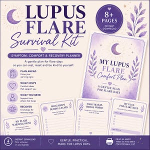 May include: A Lupus Flare Survival Kit planner with 8+ pages, featuring purple watercolour moon and leaf illustrations. The pages include sections for warning signs, comfort ideas, recovery steps, and symptom tracking with text in dark purple ink.