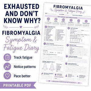Op de afbeelding: Een printbaar Fibromyalgie Symptoom & Vermoeidheid Dagboek PDF met secties voor dagelijkse pijn, slaap, triggers en activiteitenregistratie, inclusief een lichaamskaart, medicatielogboek en waterinname-tracker met paarse tekst en iconen.