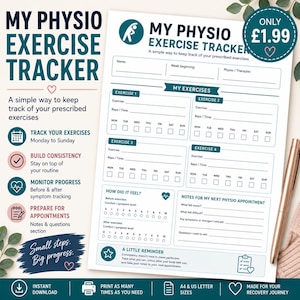 Può includere: Un foglio di tracciamento esercizi in carta bianca intitolato My Physio Exercise Tracker con testo e dettagli in verde ottanio scuro. Include sezioni per esercizi, ripetizioni, giorni, scale di sintomi da 0 a 10 e spazio per le note.