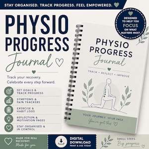 Può includere: Un diario di fisioterapia a spirale con copertina bianca, testo blu scuro, una fascia decorativa verde salvia e un disegno al tratto di una persona in affondo. La copertina riporta il testo Track, Reflect, Improve e Your Journey. Your Pace.