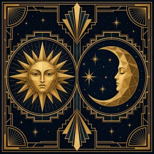 May include: A square graphic illustration featuring a gold sun with a face on the left and a gold crescent moon with a face on the right, set against a dark blue background with gold geometric borders and star accents in a symmetrical layout.