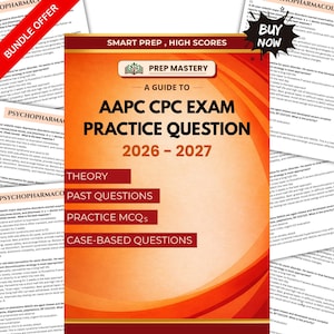 Puede incluir: Una portada de libro naranja y blanca con el título "AAPC CPC EXAM PRACTICE QUESTION 2026-2027". La portada presenta las palabras "Prep Mastery" y "Smart Prep, High Scores". El libro incluye secciones sobre teoría, preguntas anteriores, MCQs de práctica y preguntas basadas en casos.