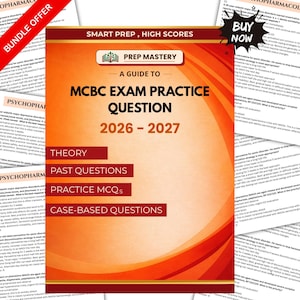 以下が含まれることがあります： 赤とオレンジのグラデーションの表紙を持つ、MCBC Exam Practice Question 2026-2027というタイトルの学習ガイド。テキストにはPrep Mastery、Theory、Past Questions、Practice MCQs、Case-Based Questionsが含まれ、表紙には本のアイコンが描かれています。