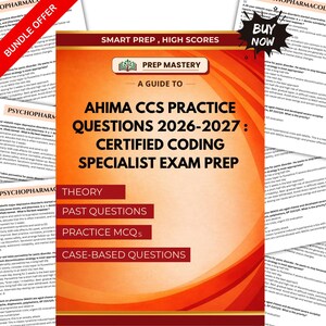 Pode incluir: Um guia de estudo intitulado AHIMA CCS Practice Questions 2026-2027: Certified Coding Specialist Exam Prep. A capa laranja apresenta o texto Prep Mastery, Theory, Past Questions, Practice MCQs e Case-Based Questions com redemoinhos abstratos.