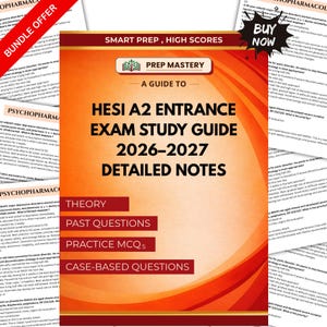 May include: A HESI A2 Entrance Exam Study Guide 2026-2027 book cover with an orange and red gradient background. The text reads Prep Mastery, A Guide To, HESI A2 Entrance Exam Study Guide 2026-2027 Detailed Notes, Theory, Past Questions, Practice MCQs, and Case-Based Questions.