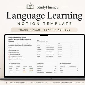 Peut inclure: Un ordinateur portable affiche un modèle Notion pour l'apprentissage des langues. L'écran montre un plan d'étude, un suivi du vocabulaire et des mesures de progression. Le texte "Language Learning" et "Notion Template" est visible. Un vase et une plante sont en arrière-plan.
