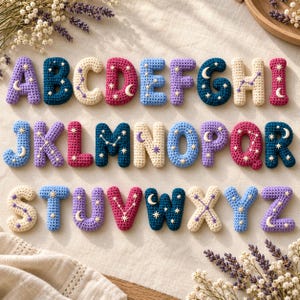 May include: A complete set of twenty-six crochet alphabet letters in various colors including blue, purple, cream, and pink. Each letter features embroidered celestial motifs such as stars, crescent moons, and constellations stitched onto the yarn surface.