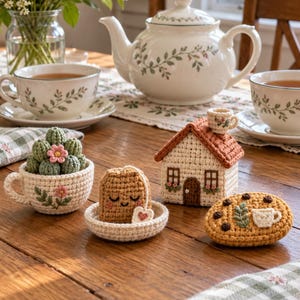 May include: A collection of four crocheted items: a green cactus in a floral cup, a smiling tea bag in a small dish, a miniature house with a chimney cup, and a golden-brown cookie with a small cup and leaf embroidery on its surface.