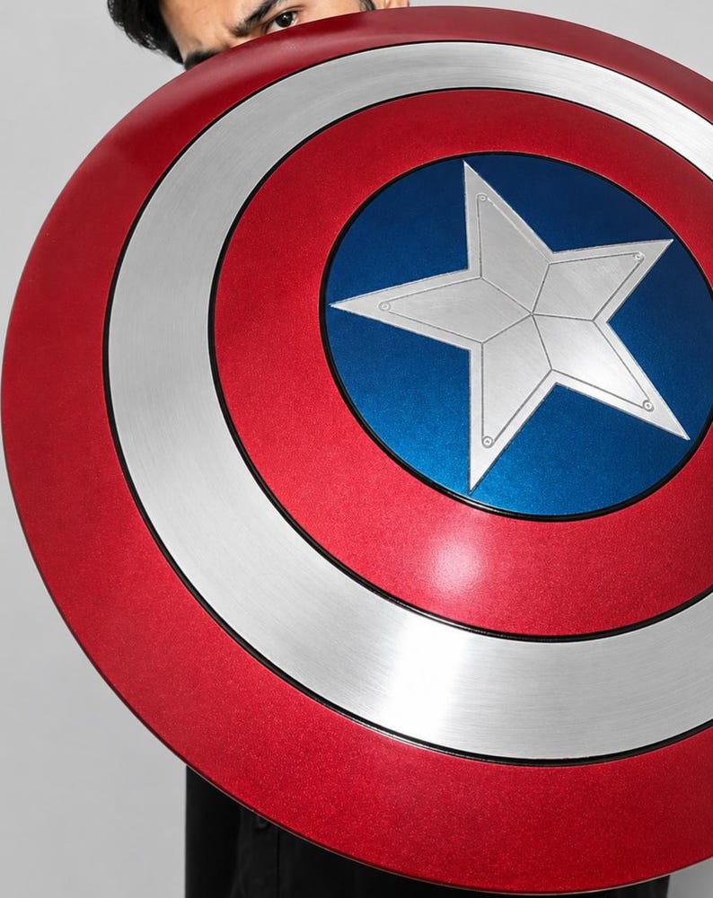 May include: A circular shield featuring a metallic red outer ring, a silver middle ring, and a central blue circle containing a large, five-pointed silver star. The design is symmetrical with distinct color bands and a smooth, polished finish.