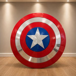 May include: A circular shield featuring a glossy red outer ring, a metallic silver middle ring, and a vibrant blue center circle. A large, five-pointed silver star is centered within the blue circle, creating a bold, symmetrical design.