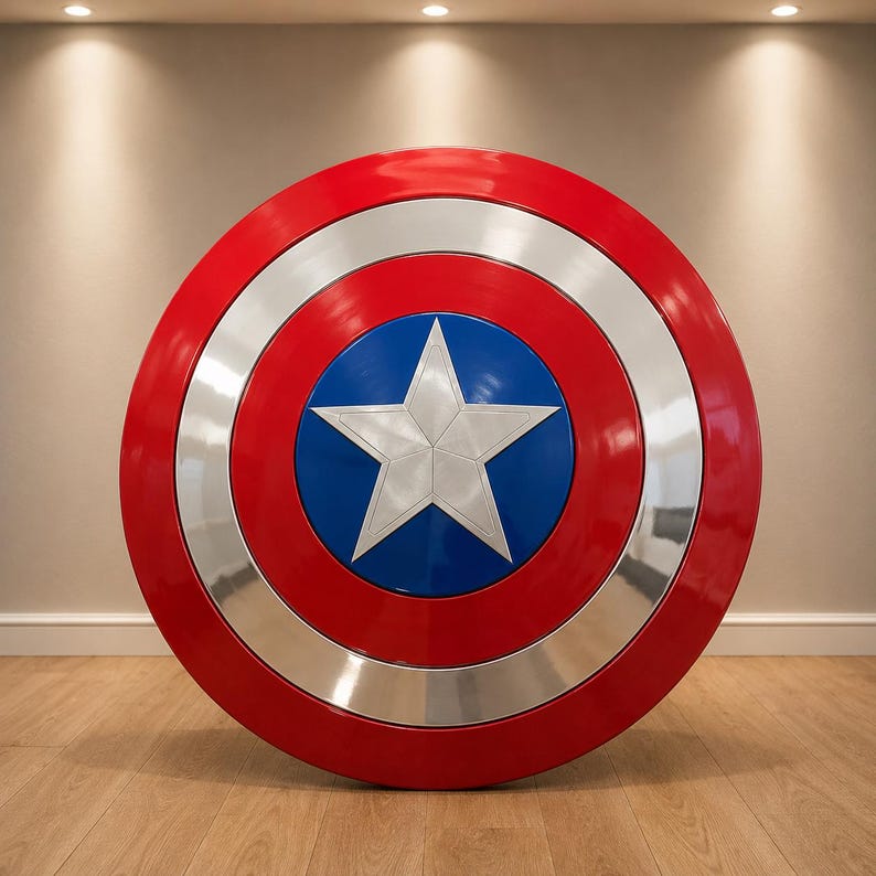 May include: A circular shield featuring a glossy red outer ring, a metallic silver middle ring, and a vibrant blue center circle. A large, five-pointed silver star is centered within the blue circle, creating a bold, symmetrical design.