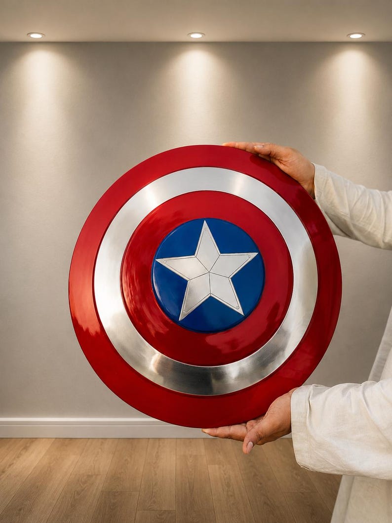 May include: A circular shield featuring a glossy red outer ring, a metallic silver middle ring, and a deep blue center circle. A large, five-pointed silver star is centered within the blue circle, creating a classic patriotic color scheme.