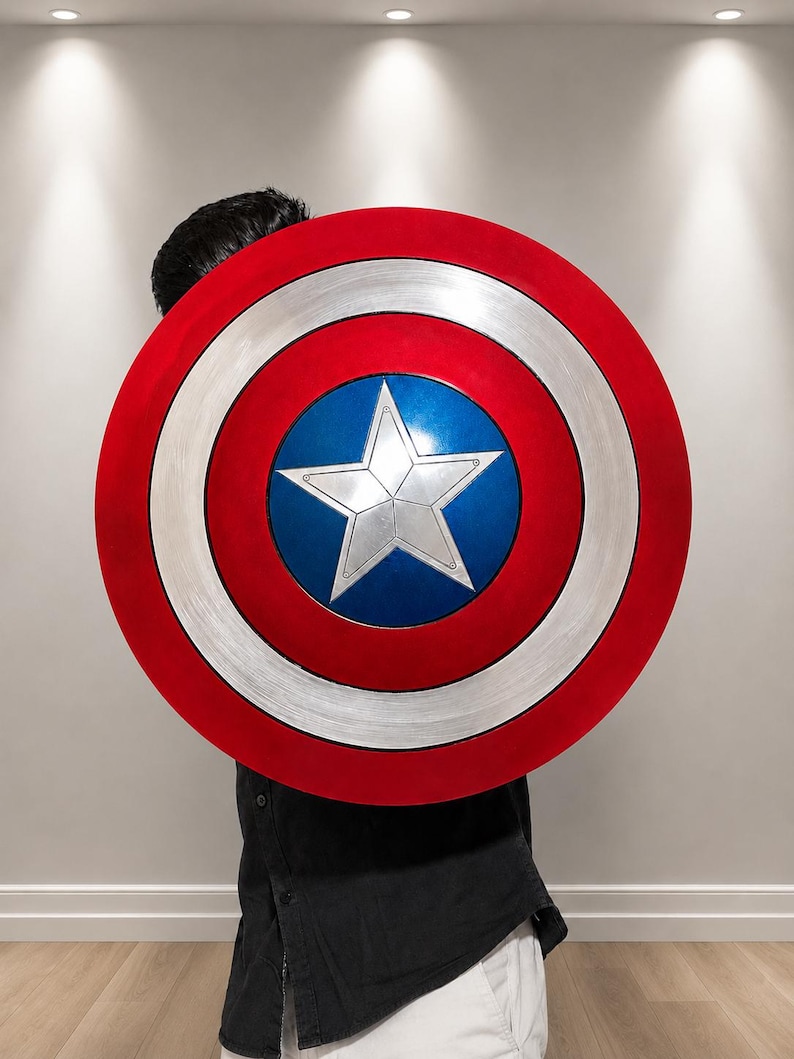 May include: A circular shield featuring a central silver star on a blue background, surrounded by a white ring and an outer red ring. The design includes concentric bands of metallic silver, red, and blue, creating a classic patriotic appearance.