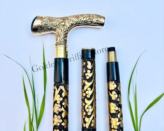 Vintage Style Brass Handle Walking Cane, Decorative Wooden Walking Stick, Floral Carved Cane, Gentleman Accessory, Mother Day Gift