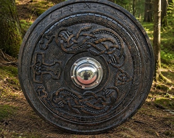 Black Norse Shield , Viking Movie Warrior Shield , Hand Carved Valhalla Shield , Norse Mythology Wooden Shield , Cosplay Prop Replica