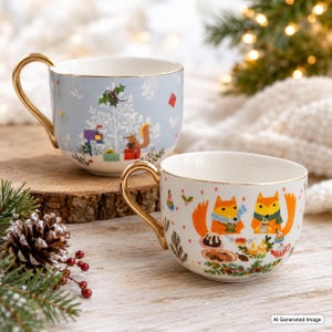 Christmas Fox Squirrel Tea Coffee Cups - Grace Fine Porcelain - Woodland Holiday - Gold Handled - Winter Java Mugs - Playful Set of Two