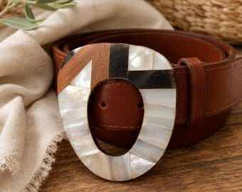 Vintage Mother of Pearl Inlay Belt Buckle - Handmade Wood & Horn Artisan Ladies Belt Buckle - Boho Natural Materials Accessory - MCM Modern