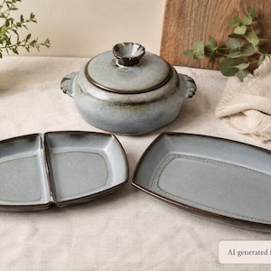 Vintage Frankoma Plainsman Woodland Moss Serving Set - 3 Piece Pottery Collection - Casserole Dish, Relish Tray, Serving Platter -Oklahoma
