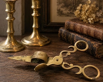 Vintage Solid Brass Candle Snuffer Scissors - Unpolished Aged Patina - Old World Candle Accessory - English Cottage Primitive Tabletop Decor