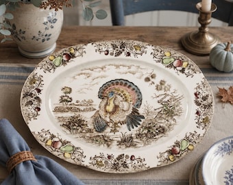 Può includere: Un piatto da portata ovale in ceramica con un'illustrazione centrale di un tacchino in un paesaggio. Il bordo è decorato con un motivo ripetitivo di foglie, frutti e fiori marroni. Lo sfondo del piatto è di colore crema.