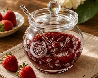 Vintage Etched Glass Preserve Jar with Lid and Glass Spoon - Delicate and Petite Floral Rose and Stems Design - Jam Honey Condiment Server