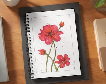 Red Watercolor Flower Journal, Botanical Art Notebook, Whimsical Floral Stationery