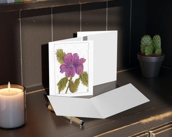 Künstlerische lila Blumen Aquarell Karte, Hand gezeichnete botanische Kunst, leere Grußkarte
