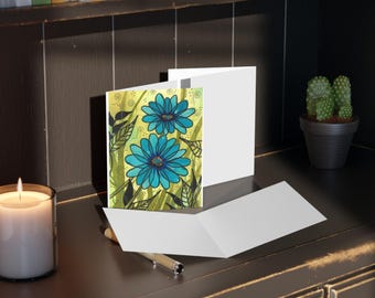 Grillige blauwe bloemen aquarelkaart, op boho natuur geïnspireerde verjaardagsgroet voor haar