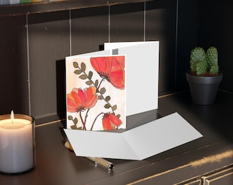 Biglietto con papaveri ad acquerello, arte botanica floreale in stile boho, cancelleria dipinta a mano, regalo per amanti della natura