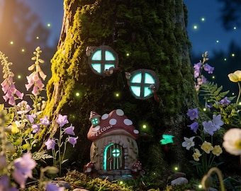 Glow In Dark Mushroom Fairy Door Tree Kit, Enchanted Miniature Fairy Garden Tree Decor, Gift for Fairy Lovers & Kids, Girls Birthday Gift