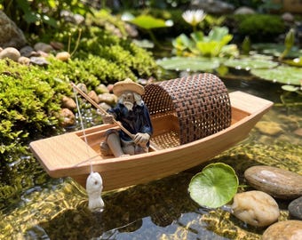 Mini Holzboot & Fischer Figurenset, Gartenteich Dekor, Feengarten Zubehör, Wasserspiel Ornament, Zen Garten Zubehör