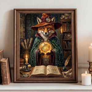 Op de afbeelding: Een ingelijste prent toont een vos gekleed als tovenaar, met een bruine hoed en groene mantel, die een gloeiende bol vasthoudt. De afbeelding bevat een open boek, kaarsen en een boekenplank, wat een fantasiethema creëert. De tekst op het boek luidt "Aethera's Atlas".