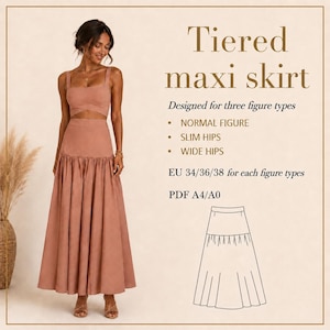 Puede incluir: Una mujer modela una falda larga escalonada en un suave color rosa apagado. La falda se combina con un top corto a juego. El texto de la imagen dice "Tiered maxi skirt" y "Designed for three figure types". También se incluye un dibujo lineal de la falda.