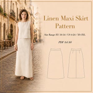 Puede incluir: Una mujer con una falda larga de lino color crema y un top a juego. La imagen incluye el texto "Linen Maxi Skirt Pattern" e información de tallas. También se muestran dos ilustraciones de patrones de falda.